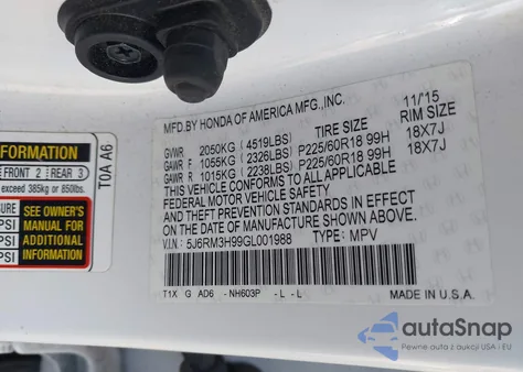 2016 Honda Cr-V Touring z USA, uszkodzony, nr VIN 5J6RM3H99GL001988